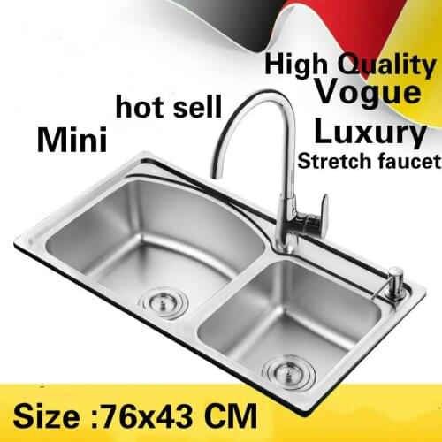 Free shipping Apartment luxury kitchen double groove sink stretch faucet wash vegetables 304 stainless steel hot sell 76x43 CM