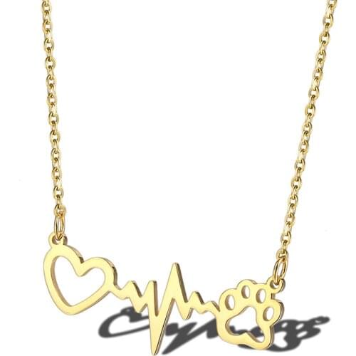 RIR Dog or Cat Paw Print Heartbeat Necklace Animal Cute Doggy Footprint Pendant Necklaces Dog Loss Veterinary Christmas Gift