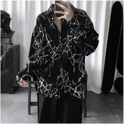 Harajuku Men Shirts BF Style Korean Printing Streetwear Black Hip-hop Shirt Spring Summer RetroTop Mens Long Sleeve Print Shirt
