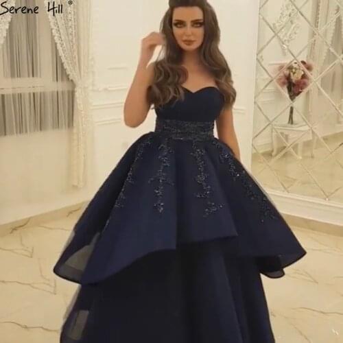 Serene Hill 2021 Latest Navy Blue Strapless Sexy Evening Dress Beadings Tiered Elegant Formal Party Ball Gown CHM67161