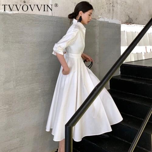 TVVOVVIN Women Dress Temperament White Dress Cotton Seven Sleeves High Waist Large Hem Summer Dresses Spring Autumn 2020 V157