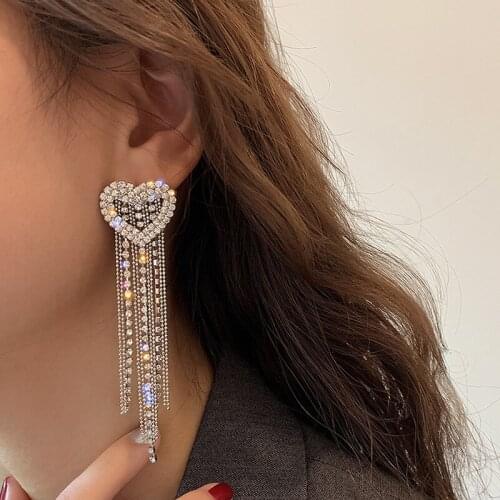 Vintage Luxury Rhinestone Heart Drop Earrings Bohemian Elegant Tassel Long Earrings For Women Girls Exaggerated Jewelry