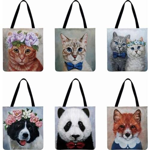 Woman Shoulder Bag Painting Animal Printed Tote Bag Linen Material Casual Tote Foldable Shopping Bag Reusable Beach Bag Hand Bag