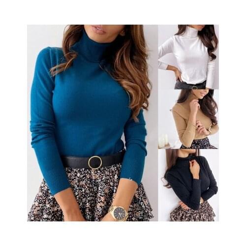 Womans Spring Autumn Clothes Fashion Harajuku Knitted Solid Color Turtleneck Sweaters Long Sleeve Solid Color Casual Slim Top