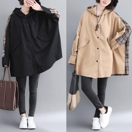 Plus size women spring fall 2021 new popular casual plaid stitching bat sleeve cardigan mid-length hooded windbreaker jacket 143