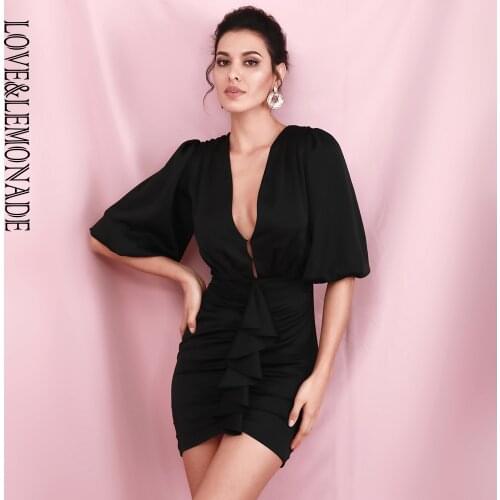 LOVE & LEMONADE Black Sexy Deep V-neck Ruffled Lantern Middle Sleeve Mini Dress LM82198 Spring