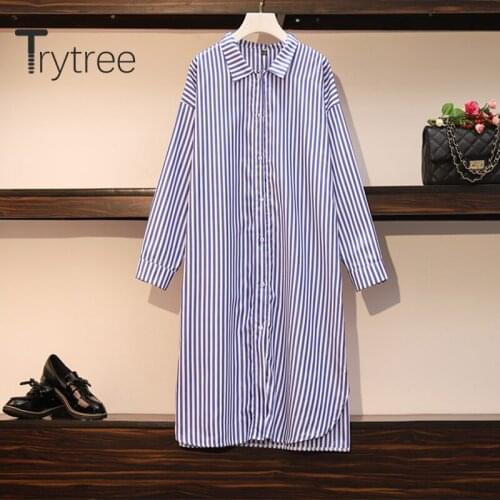 Trytree 2020 Spring Autumn Woman Shirt Dress Casual Turn-down Collar Single Breasted Print Blue Loose Office Lady Shirt Dress