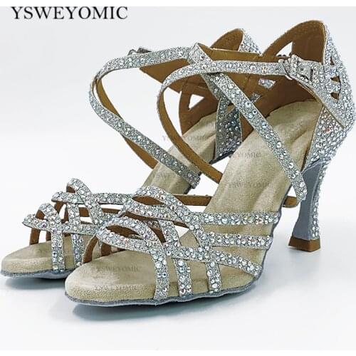 2020 Women Dance Party Shoes Sparkly High Heel 4 inch Customized Silver Glitter Rhinestones Latin Bachata Salsa Dance Shoes