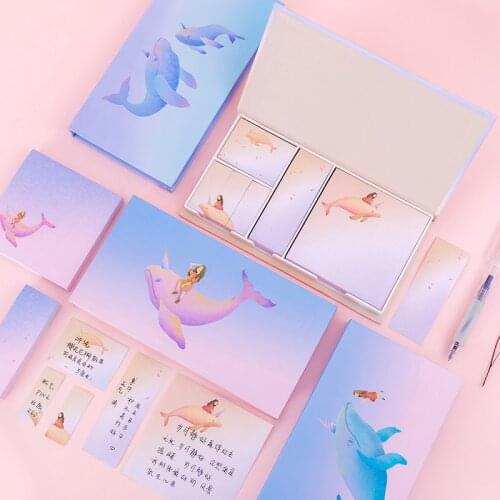 Memo Pad Cute Sticky Notes Set Multi-Function Whale Kawaii Sticky Notes Book Boxed Notepad Girls Student School Cute Stationery