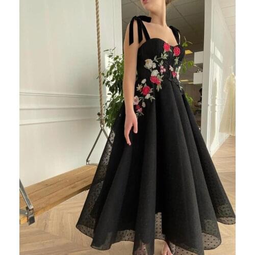 Black Tulle Embroidery Prom Dresses 2020 Spaghetti Straps Formal Evening Party Dress Celebrity Gown robe de soiree