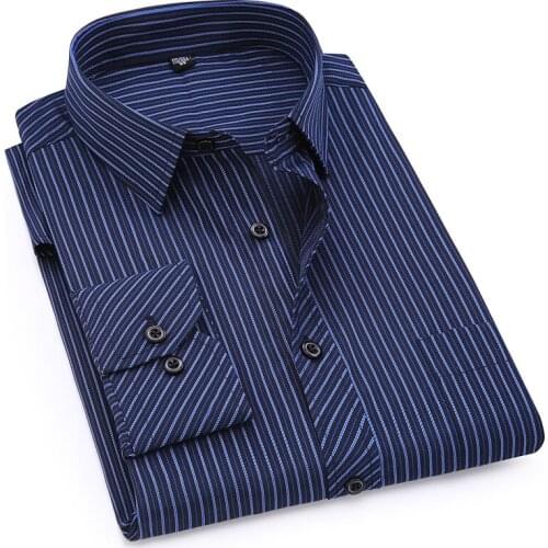 2021 Mens Business Casual Long Sleeved Shirt Classic Striped Male Social Dress Shirts Purple Blue