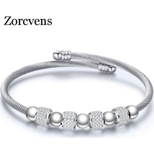 ZORCVENS 2020 New Fashion Silver Color Stainless Steel Jewelry Brand White CZ Stone Heart Bracelets bangles for Women Bijoux