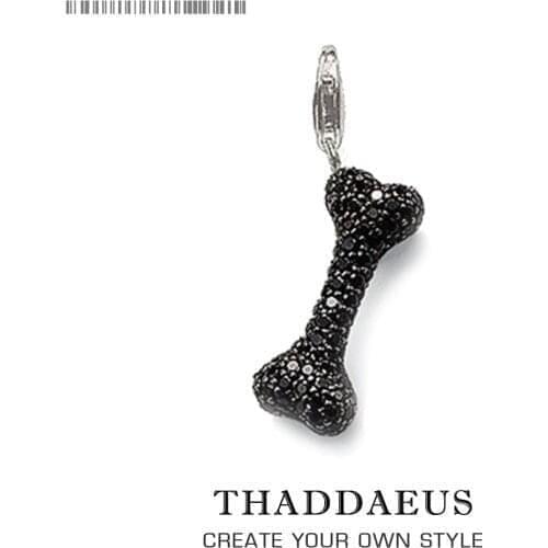 Black Zirconia Bone Charm Pendant Dog Treat Fit Bracelet Handmade European Europe style Fashion 925 Sterling Silver Jewelry
