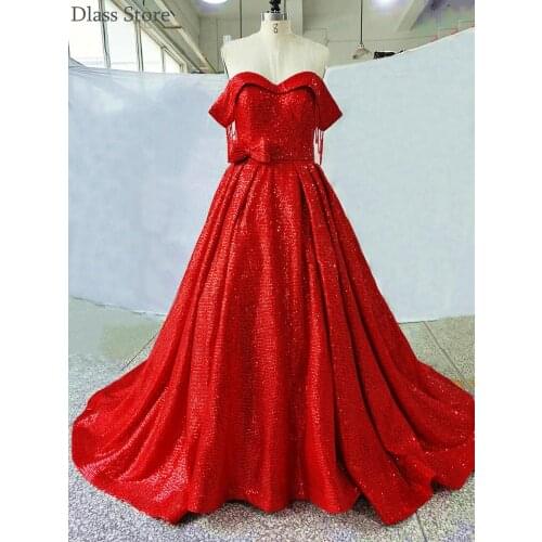 2020 Popular Prom Dress Bright Red Sequin A-line Sweep Train Real Pictures Off Shoulder For Wedding Evening Dress فساتين السهرة