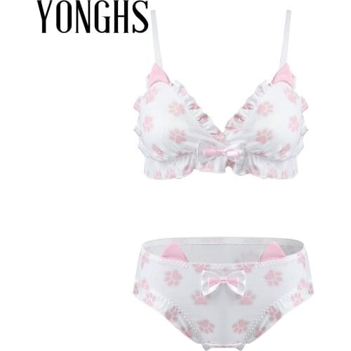 Sissy Bra with Briefs Underwear Womens Girls Lingerie Set Paw Print Bowknot Pleated Trimming Removable Padded Erotic Sexy Suit