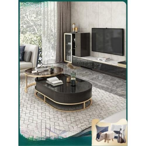 Light luxury oval rock plate tea table TV cabinet combination small family living room household modern simple glass tea table