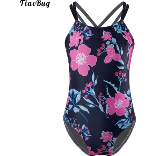 TiaoBug Kids Girls One-Piece Halter Neck Spaghetti Shoulder Straps Criss Cross At Rear Floral Pattern Leotard Bikini Swimwear