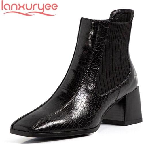 Lanxuryee knitting boots genuine leather patchwork stretch square toe thick high heel slip on pretty girls dress ankle boots L12