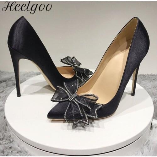 Heelgoo Satin Bow Women Pointy Toe Elegant High Heel Party Shoes Ladies Comfortable Stiletto Pumps 8cm 10cm 12cm 33-45 Black Red