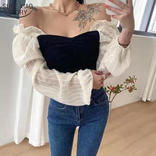 Womens Tops Pleated Hollow Out Long Sleeve Women Tops and Bloues Sexy Slash-neck Blouse with A Fluffy Sleeve 13502