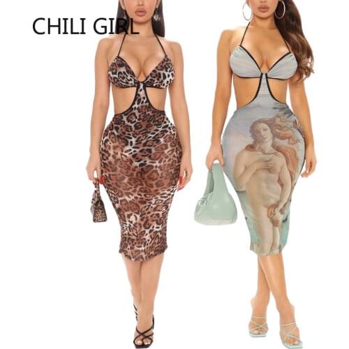 CHILI GIRL Women Printing Midi Dress Patchwork Hollow Out Halter Lace Up Bandage Backless Bodycon Sexy Streetwear Party Club