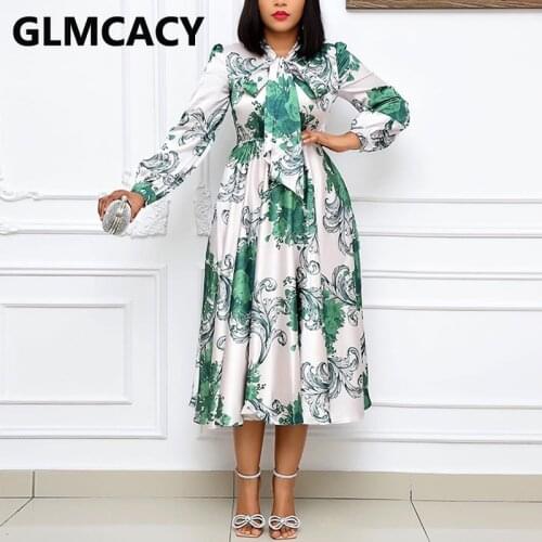 Women Long Sleeve Bowtie Neck Chiffon Dress Tropical Printed Elegant Boho Holiday Dress