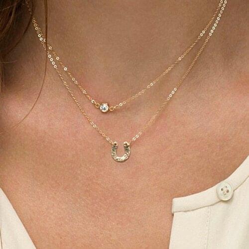 Volunge 2017 New Fashion Gold Double Chain Necklace Crystal Round U Shape Pendant & Necklace Lady Jewelry