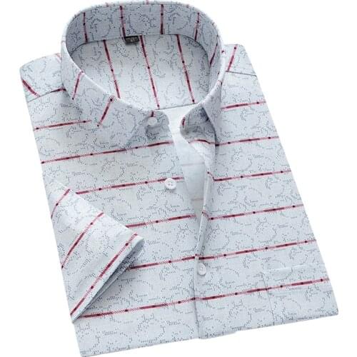 AOLIWEN men summer white red striped printed short sleeve shirt M-6XL vacation button trend silky breathable thin slim shirts