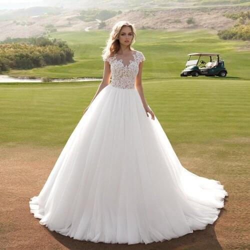 Robe De Mariage Tulle Ball Gown Wedding Dress Button Back Suknia Slubna Simple Abito Da Sposa Cap Sleeve Vestidos De Novia