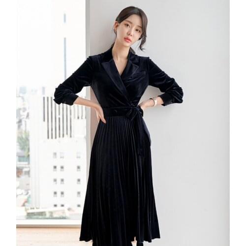 Velvet Long Sleeve Winter Dress Women High Waist Midi Elegant High Waist Party Dress Big Swing Pleated Dresses TA3235
