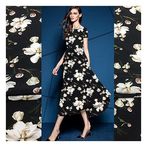 Black floral silk crepe de chine fabric spring and summer digital printing dress clothing sewing fabric new products