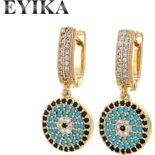 EYIKA Micro Zircons Earrings Simplicity And Popularity Women Blue Zircon Turkish Evil Eye Hoop Earrings Gold Color Wholesale