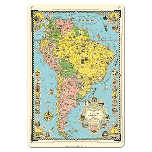 Map of South America - Pictorial Map by Ernest Dudley Chase c.1942 Metal Tin Sign