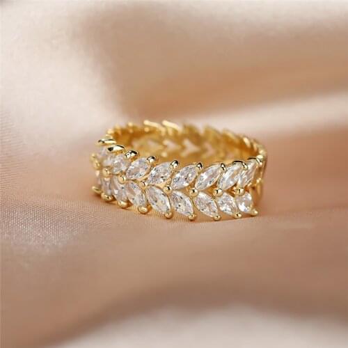 Luxury Female White Leaf Crystal Jewelry Rose Gold Silver Color Engagement Ring Charm Bride Zircon Wedding Band Rings For Women