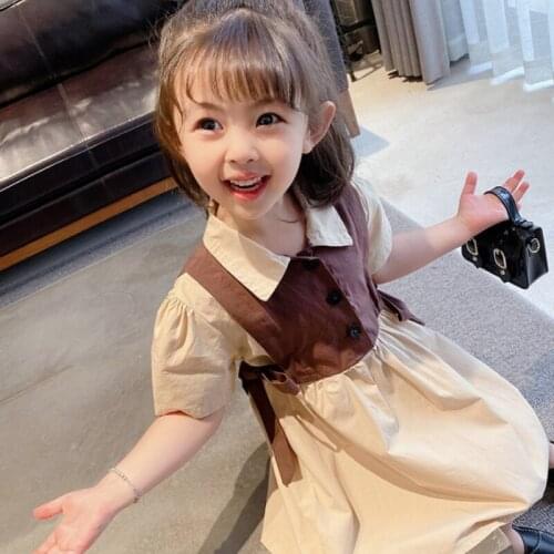 Summer Girls Dress 2021 Childrens Short Sleeve Dress Bowknot Patchwork Fake Two Piece Girls Casual Dress