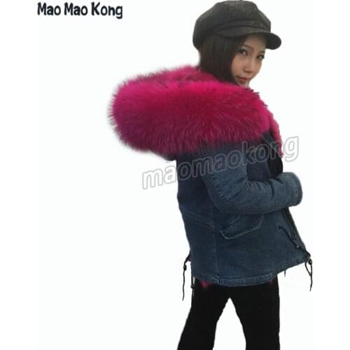 MaoMaoKong winter women coat lady Luxury real fur removable liner large raccoon fur denim overcoat fashion jacket outerwear
