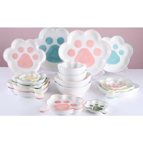 Kawaii Cat Claw Bowls Creative Cartoon Ceramic Bowl Breakfast Dishes Home Cute Cat Dog Paw Western Food Salad Plate