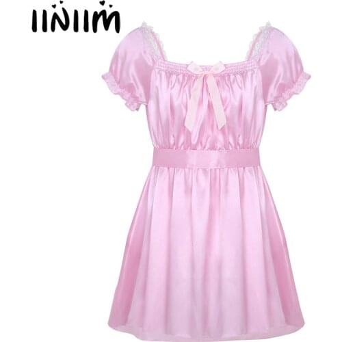 Mens Sexy Lingerie Underwear Dress Babydoll Costumes Shiny Crossdress Male with Sash Gay Bowknot Sissy Panties Underpants