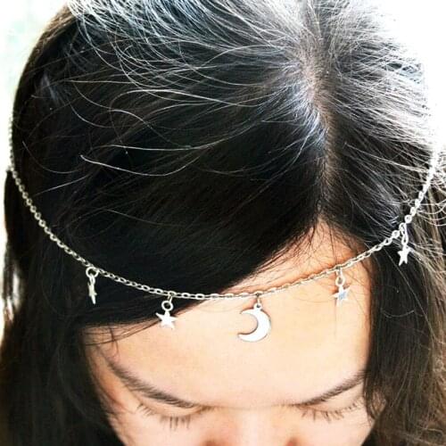 Vintage Moon and Star Hair Band for Women Girls Silver Color Tassel Head Chain Hair Accessories Trend Jewerly Wholesale VGH031