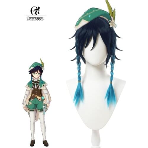ROLECOS Game Genshin Impact Cosplay Venti Gradient Blue Short Braided Cosplay Wig Heat Resistant Synthetic Hairs For Costume