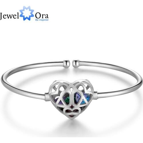 Personalized Cage Cuff Bangles with Multiple Birthstones Customized Hollow Out Heart Bracelets & Bangles for Women (BA102463)