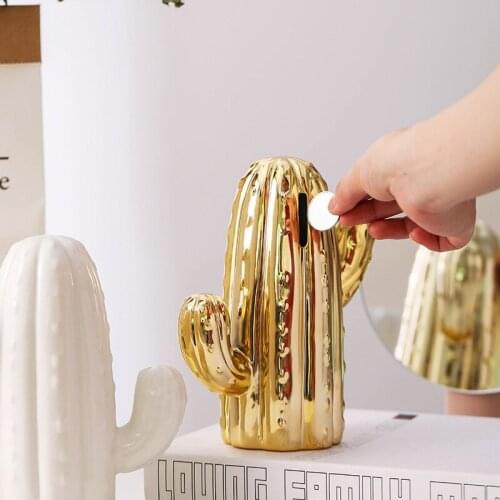 Nordic Golden White Cactus Piggy Bank Ornament Home Decor Ceramic Handmade Plant for Home Shop Decorative Crafts