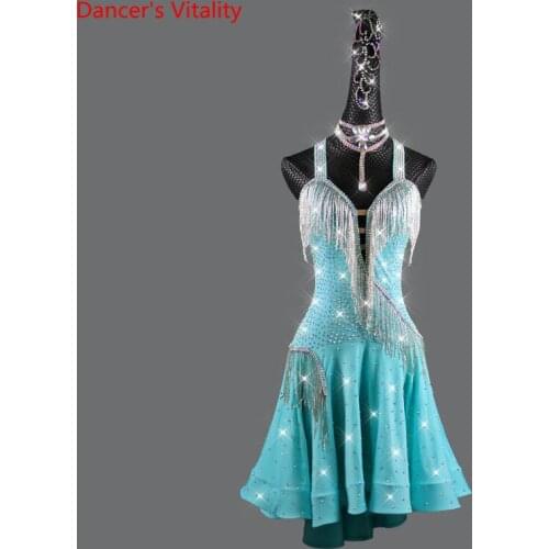 Latin Dance Female Adult Child Sexy Dress High-end Custom Beaded Hot Rhinestone Skirt Professional Performance Clothing Slim