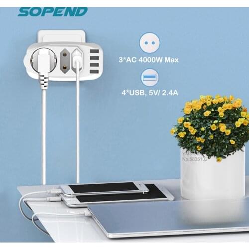 Sopend EU Wall Socket Extender Power Strip 7 In 1 with 3 AC Outlets 4 USB Type-C Port Adapter Overload Protection for Home White