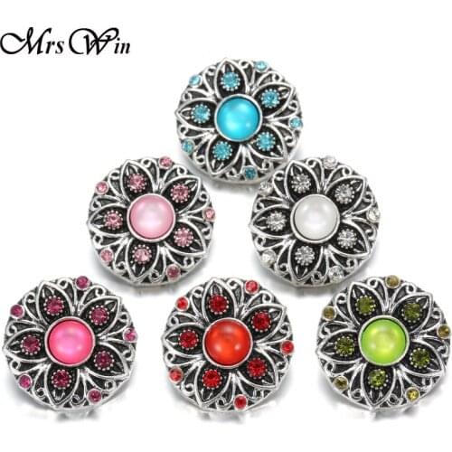 6pcs/lot Mrs Win Snap Jewelry High Quality Rhinestone Flowers 18mm Snap Vintage Metal Buttons fit snap Bracelet for women