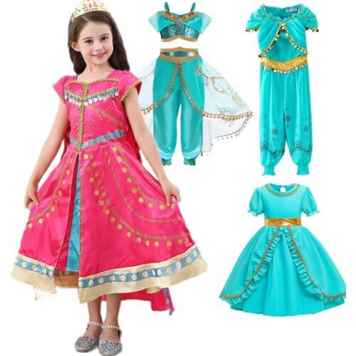 Jasmine Princess Dress for Girls Aladdin Christmas Gorgeous Pink Dresses Kids Jasmine Coronation Costume Child Arab Clothes