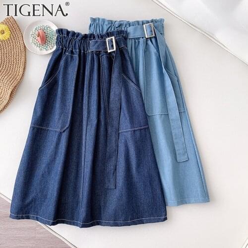 TIGENA Midi Denim Skirt Women 2021 Spring Summer Safari Style Big Pocket Belt A Line Knee Length High Waist Jeans SKirt Female