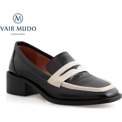 Women Pumps Shoes Thick Heels Black Brown Genuine Leather Casual Shoes High Quality Spring Autumn Round Toe Female FootwearD122L