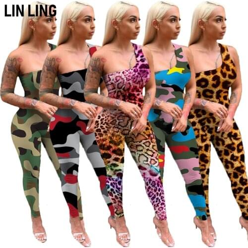 LINLING Sexy One Shoulder Sleeveless Camouflage Leopard Snake Print Fashion Sportswear Tight One Piece Jumpsuit