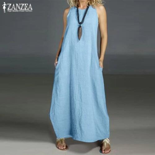 Summer Dress Womens Linen Sundress 2021 ZANZEA Casual Maxi Vestidos Vintage O Neck Sleeveless Party Dress Robe Femme